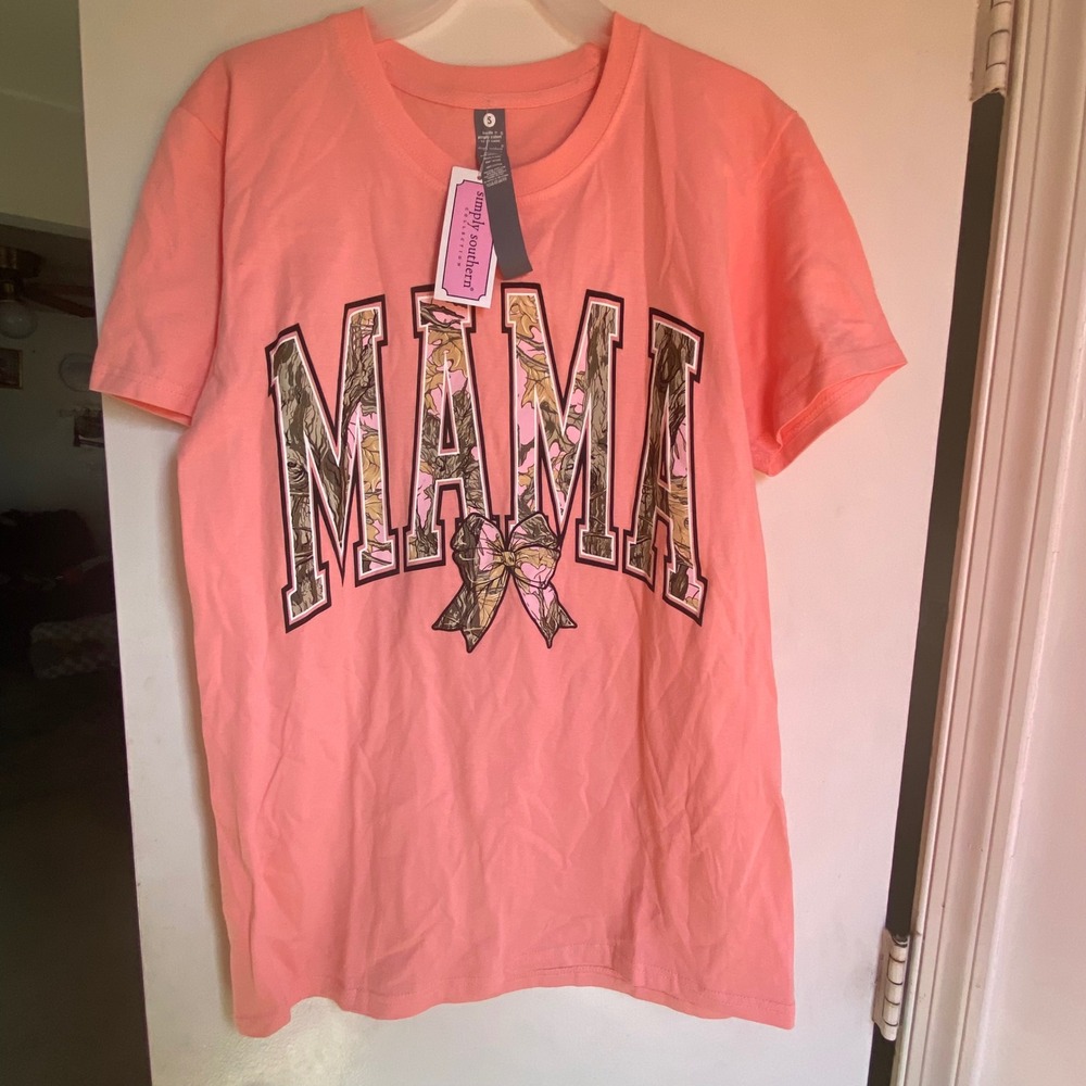 Simply Southern Mama Pink Camo Bow Graphic T Shirt Womens Size Small‎ Cotton